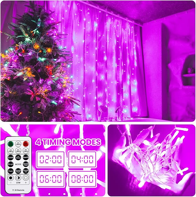 Curtain Light for Bedroom, 200LED 6.6x6.6ft Pink Window Wall Hanging Fairy Curtain String Light, 8 Modes Remote Fairy String Lights Indoor for Wedding Party Home Garden Decorations