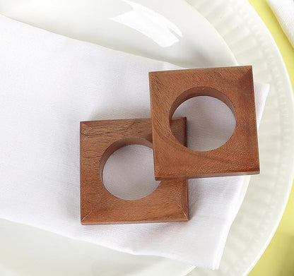 Wooden Napkin Rings Set of 12 Fall Decor for Home Square Acacia Wood Napkin Holders for Dining Table Settings Napkin Ring Rustic Table Décor for Weddings, Parties, Everyday Use (Brown) - CLEENTABLE