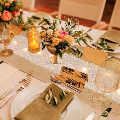Xinnun 12 Pcs Burlap Table Runner with Lights 12 x 108 Inches Burlap Lace Table Runner Rustic Wedding Decorations Home Party (Flower)
