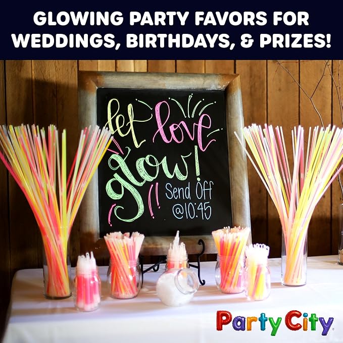 Party City 300 Glow Sticks Bulk Party Pack 8”– Neon Glow in the Dark Party Supplies, Glowsticks with Connectors Bracelets & Necklaces, Light Up Favors for Kids, Adults, Birthdays, Parties, Decorations