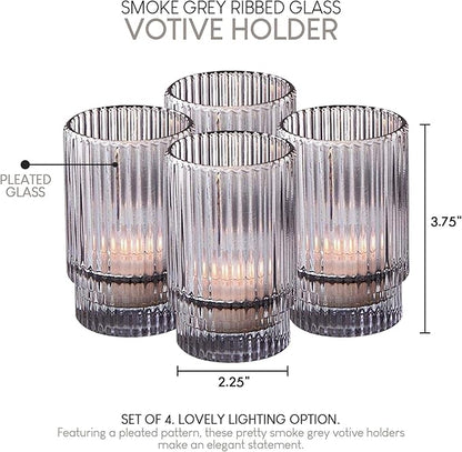 Serene Spaces Living Set of 4 Short Smoke Grey Ribbed Glass Votive Holder, Perfect for Weddings and Home Décor, Measures 3.75" Tall and 2.25" Diameter