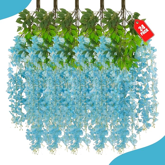 24 Pack Lake Blue Wisteria Hanging Flowers, 3.4 Ft Fake Hanging Flowers, Artificial Wisteria Garland Vines for Wedding Room Backdrop Outdoor Patio Garden Decoration