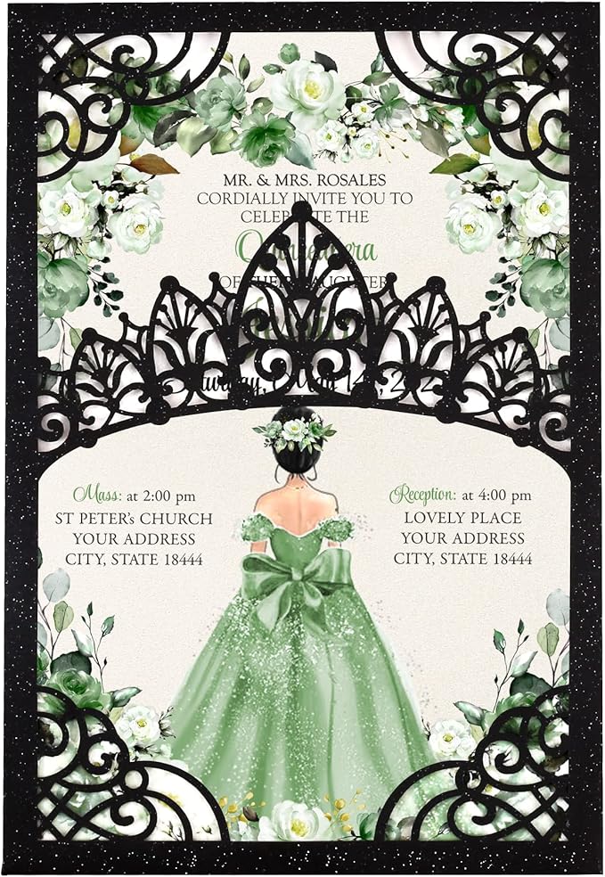 50Pcs Sage Green Crown Invitations for Quinceanera, 15 year, Sweet 16, Miss XV, Birthday Laser Cut Quince Invitation Cards Personalized Pearlized Black