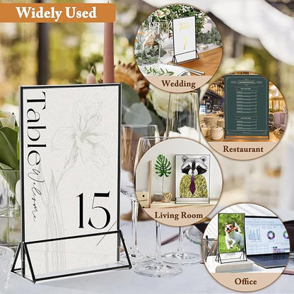Floroom 6 Pack 5x7 Inch Clear Acrylic Sign Holders, Double-Sided Black Display Stand Picture Frames for Table Numbers, Menus, Flyers, Weddings, and Offices