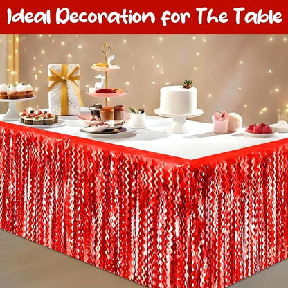 6 Pack 29 x108 Inch Red Wave Foil Fringe Table Skirts Metallic Banner for Tinsel Streamer Garland Backdrop for Parade Floats, Mother's Day, Easter, Wedding, Birthday Party Decoration