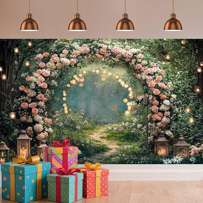 6x4ft Enchanted Forest Wedding Photography Backdrop Wonderland Roses Fairy Tale Backdrop Pink Flower Birthday Newborn Baby Shower Wedding Bridal Party Banner Photo Booth Props Anniversary Background