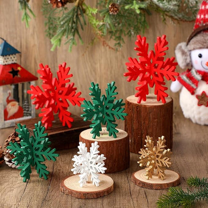 Bucherry 12 Pcs Wooden Snowflake Table Decor 3D Snowflake Tabletop Signs and Centerpiece for Christmas Xmas Winter Wonderland Decorations Home Party (White, Gold, Red,Green)