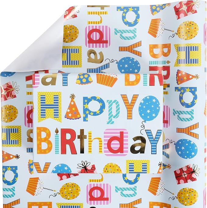 Aimyoo Blue Birthday Wrapping Paper Roll - 17 Inch X 32.8 Feet - Gold Foil Happy Birthday Lettering & Balloon Design Gift Wrap for Kids, Baby Showers