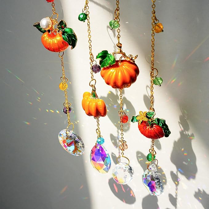 HDCRYSTALGIFTS Set 4 Fall Pumpkin Suncatchers Crystals Sun Catchers Indoor Window Hanging Thanksgiving Tree Decorations for Farmhouse Harvest Autumn Home Party Decor