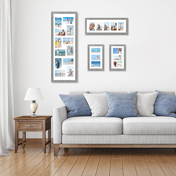 8x24 Picture Frame 2 Pack, Rustic Grey Wood Frame with Tempered Glass, Display Pictures Multiple Five 4x6 With Mat or 8 x 24 Without Mat - Horizontal or Vertical Wall Mounting