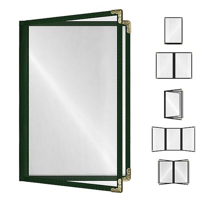 Goodsmart Restaurant Menu Covers – 25 Pack Green 4-View, Side-Loading Menu Holders, Vinyl & Plastic Café Menu Covers, Clear Menu Sleeves, Fits 5.5" x 8.5", Leather-Style Design, Gold Corners