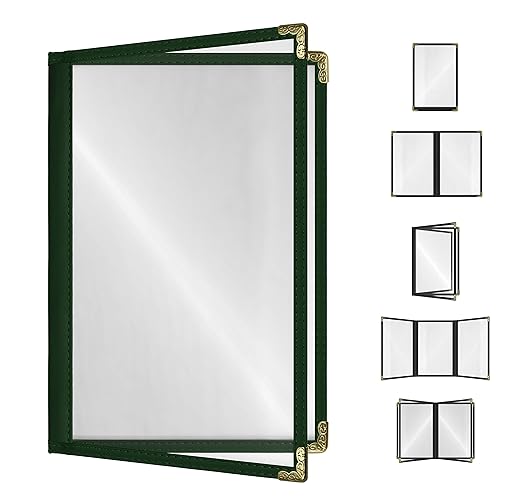 Goodsmart Restaurant Menu Covers – Green 25 Pack, 4-View 8.5" x 14", Side-Loading Vinyl & Plastic Menu Holders, Clear Menu Sleeves, Leather-Style Café Covers with Gold Corners