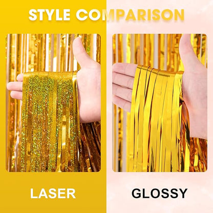 2 Pack Laser Gold Tinsel Foil Fringe Curtains, Gold Party Decorations, Metallic Tinsel Party Streamers Backdrop for Birthday Baby Shower Graduation Wedding New Years Party Decorations
