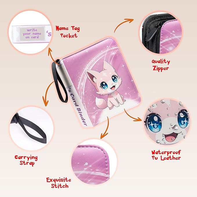Cute Pink Trading Card Binder 4 Pocket for Girls Gifts - Includes Name Tag & Tab Stickers for Sorting - 440 Pockets Card Binders Zipper Album Book Holder - Baseball Football Sports Tcg Card Case