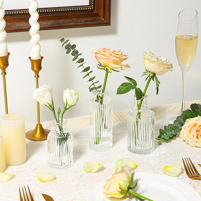 ComSaf Glass Bud Vases Set of 3, Small Flower Vases in Bulk, Mini Ribbed Vases for Centerpieces, Clear Vintage Vase for Table Decorations, Wedding, Party, Receptions, Home Decor (Different Sizes)