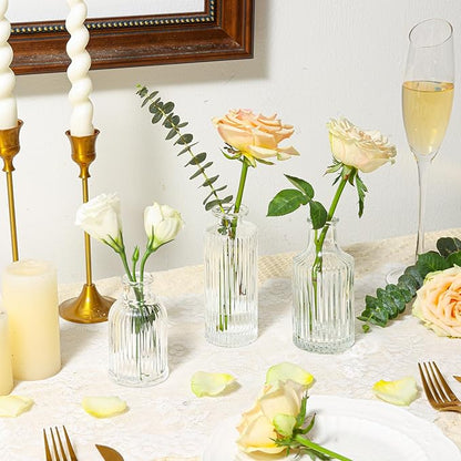 ComSaf Glass Bud Vases Set of 3, Small Flower Vases in Bulk, Mini Ribbed Vases for Centerpieces, Clear Vintage Vase for Table Decorations, Wedding, Party, Receptions, Home Decor (Different Sizes)