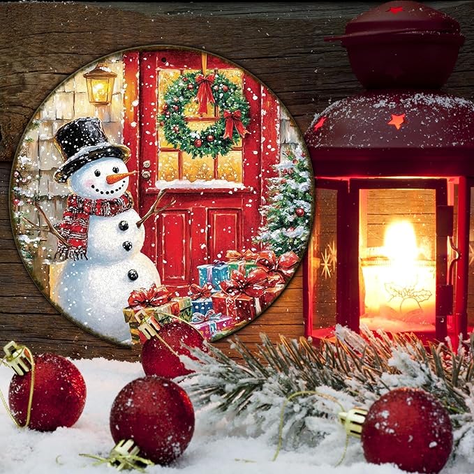 Round Wall Decor Christmas Metal Tin Sign Snowman Sign Rustic Wall Decor Wall Plaque Snowman Wreath Sign for Christmas Round Wreath Wall Decor Vintage Garage Yard Home Decor 12 * 12 in