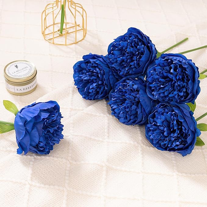 U'Artlines Artificial Peony Silk Flower with Stems 10pcs Real Look Vintage Peonies for Home Wedding Decoration (Navy Blue)