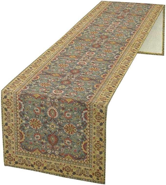 Boho Floral Vintage Beige Blue Table Runner, Retro Flower Rustic Country Farmhouse Abstract Pattern for Home Kitchen Table Decor Dining Coffee Room Party Decor 13x90in