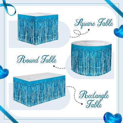 2 Pack Lake Blue Table Skirts, 29x108" Metallic Foil Tinsel Fringe Table Skirts for Rectangle Tables Streamer Curtains Backdrop, Party Decorations for Birthdays Weddings Holidays