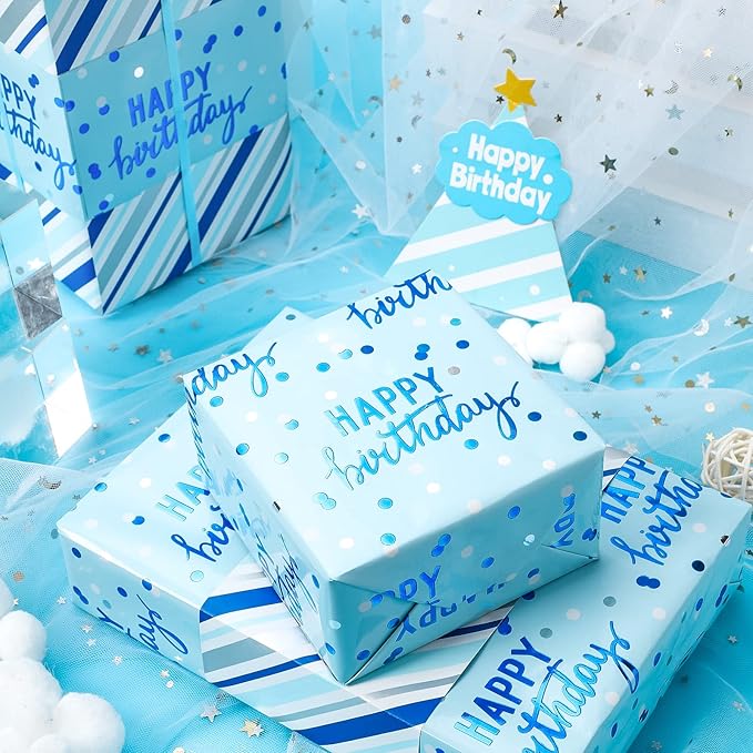LeZakaa Reversible Blue Birthday Wrapping Paper Roll for Boys Men, Happy Birthday Lettering & Stripe Pattern with Metallic Foil in Blue, Mini Roll, 17 inches x 32.8 Feet (46.45 sq.ft.)