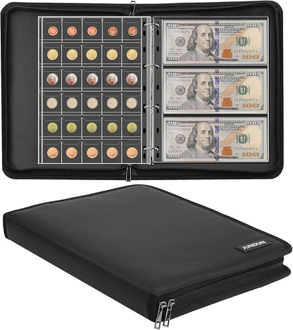 Fireproof Coin Collection Album for Collectors, 300 Pockets Coins Collecting Album & 36 Sleeves Money Storage Case for Coin Currency Collection Supplies, Bill, Pennies, Quarters, Stamp,F65C001B