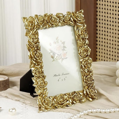 Cuspin Vintage Gold 4x6 Picture Frame, Gold Ornate Rose Flower Resin Photo Frame with Glass Front for Tabletop or Wall Hanging, Antique Picture Frames for Home Office Decor