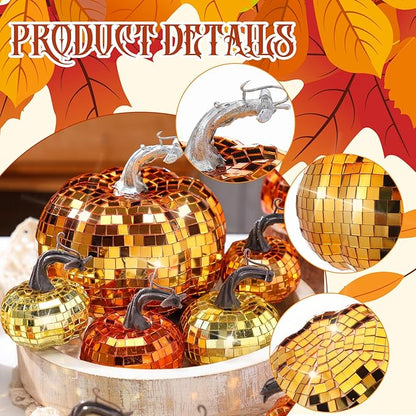 Lenwen 12 Pcs Artificial Disco Pumpkin Glitter Mirror Pumpkin for Decorating Fall Farmhouse Hanging Ornament Harvest Decor for Halloween Thanksgiving Table Centerpiece(Orange, Gold, Dark Gold)