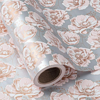 WRAPAHOLIC 30 Inch Jumbo Reversible Floral Wrapping Paper - 30 Inch X 33 Feet - Siver Floral Design for Wedding, Birthday, Mothers Day, Baby Shower, Anniversary, Bridal Shower