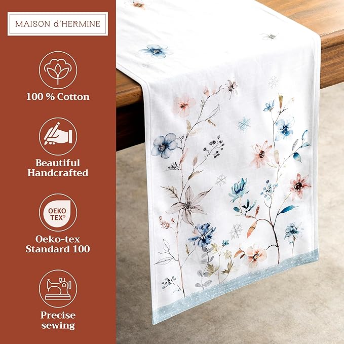 Maison d' Hermine Table Runner 100% Cotton Double Layer Table Runners 108 inches Long Decorative for Home Kitchen Dining Party Baby Shower Wedding Bridal Shower (Ice Florals, 14.50" x 108")