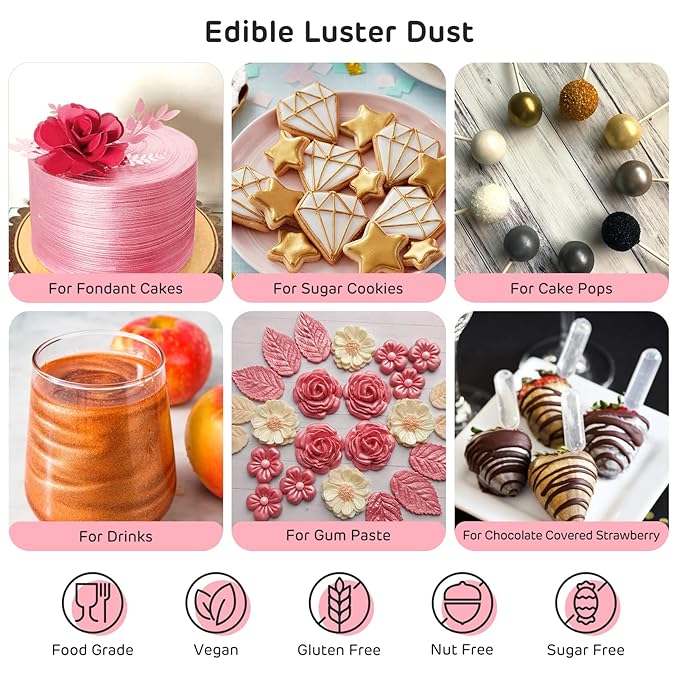 Nomeca Edible Luster Dust, 8 Grams Food Grade Shimmer Gold Cake Dust Metallic Food Coloring Powder for Cake Decorating, Baking, Fondant, Gumpaste, Chocolate, Candy, Drinks, Cookies - Pink