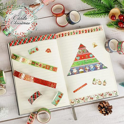 16 Rolls Christmas Washi Tape Holiday Masking Tape 4 Sizes Red Green Christmas Wrapping Tape Glod Foil Decorative Tape for Christmas Scrapbook Journal DIY Craft Gift Wrapping（Christmas
