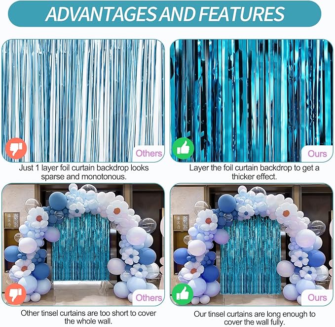 Crosize 2 Pack 3.3 x 9.9 ft Blue Foil Fringe Curtains Party Decorations, Blue Tinsel Curtain Backdrop for Parties, Door Streamers, Glitter Streamer Fringe Backdrop for Birthday Decoration