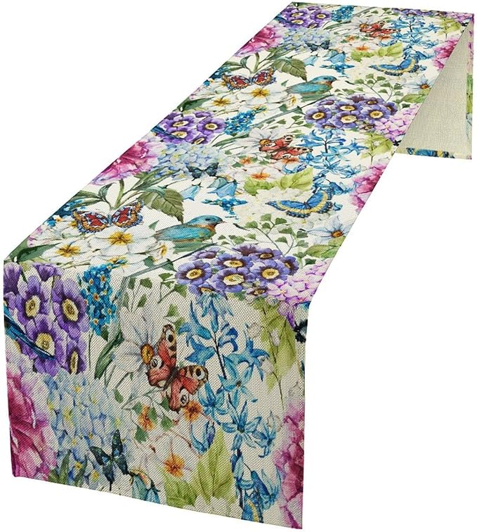 Brown Bird Floral Table Runner Spring Flower Kitchen Table Decoration Suitable for Family Dinner Decoration 13x120 Inch