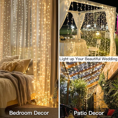 suddus Curtain Lights for Bedroom, 300 Led 9.8x9.8ft Hanging String Lights Outdoor, Fairy Curtain Lights Indoor for Christmas, Dorm, Wall, Backdrop, Window, Wedding, Party, Birthday Decor, Warm White