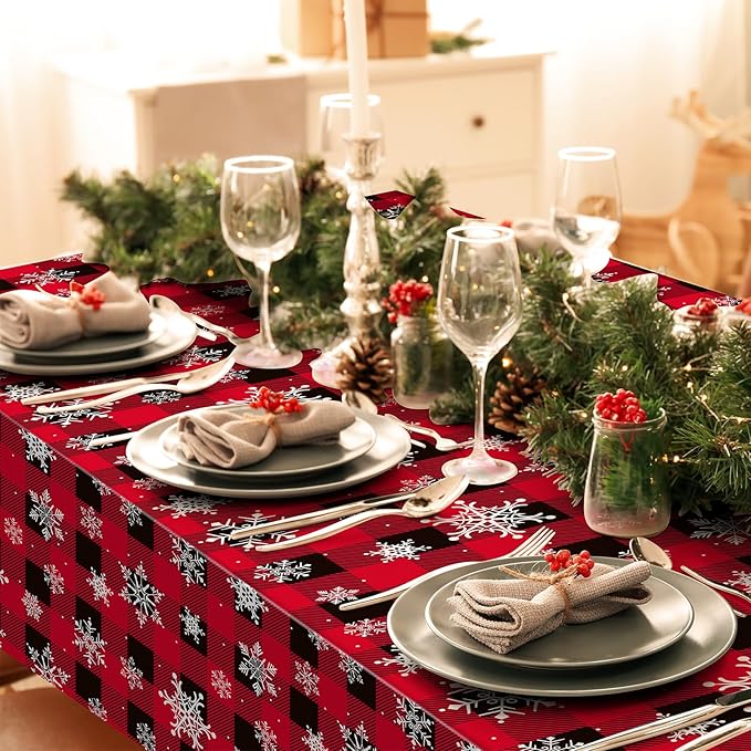 3 Pieces Red and Black Buffalo Plaid Merry Christmas Party Tablecloth Decorations,Plastic White Snowflake Buffalo Plaid Sign Table Cover for Winter Christmas Holiday Party Supplies,54x108 inch