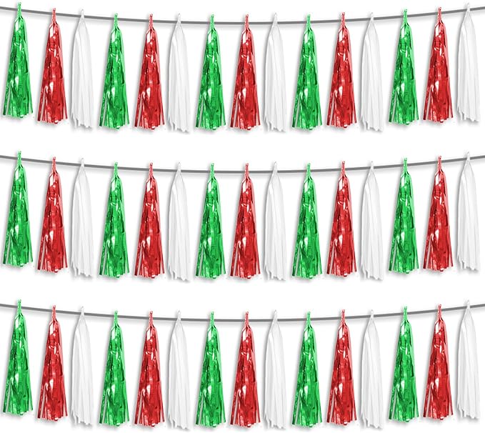 3P Red Green White Foil Fringe Metallic Tassel Streamers Banner Tassel Garland for Parade Floats, Graduation, Wedding, Birthday, Halloween, Christmas, Mexican Italian Birthday Party Decorations
