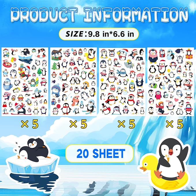 Cute Penguin Stickers 720 Counts Waterproof Cartoon Penguin Animal Decal Sticker Party Gifts Goodie Bags Decor Reward Birthday Party Favors Water Bottle Laptop Adhesive Sticker Invitation Decor