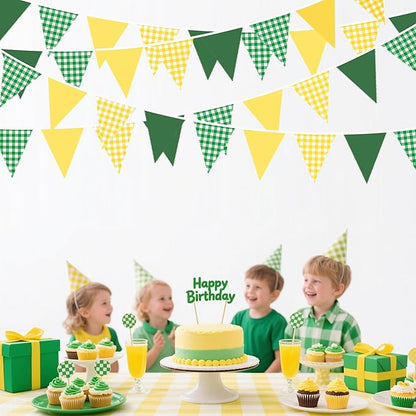 32Ft Yellow Green Party Decorations Green Yellow Gingham Banner Buffalo Plaid Checkered Triangle Flag Pennant Fabric Garland Streamers for Master Golf Birthday Baby Shower Picnic Golf Decor Supplies