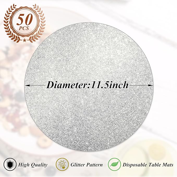 50 Pieces Silver Glitter Paper Place Mats Sparkle Round Disposable Table Mats Silver Sequin Doilies Decorative Placemats for Wedding Banquet Party Home Dining Tableware