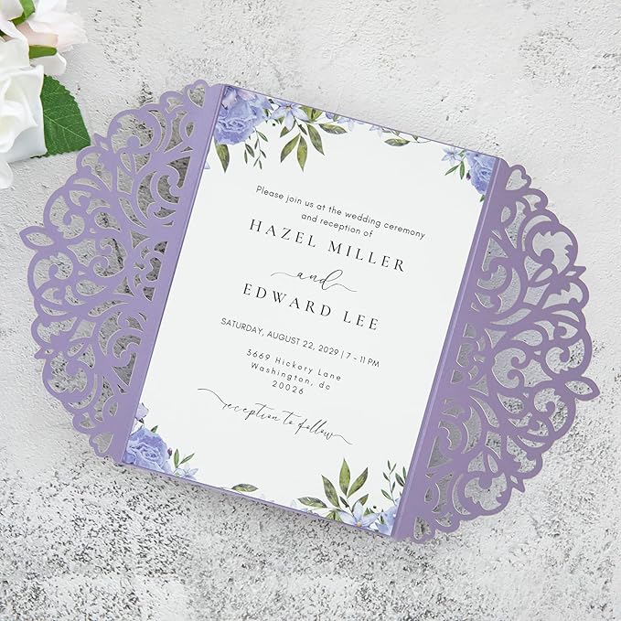 20Pcs Lilac Laser Cut Invitation Cards With Blank Inner Sheets for Wedding Cards Bridal Shower Engagement Quinceanera Invitation (No Envelopes)