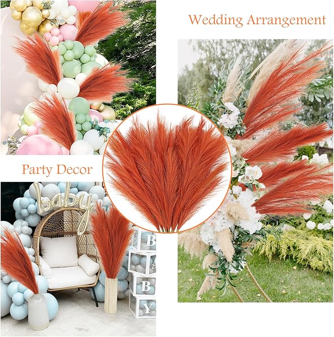8pcs Orange Pampas Grass Tall, 35" Fluffy Faux Colored Pompas Grass Artificial Orange Pampas Stems Vase Filler Fall Flower Arrangement for Home Wedding Centerpieces Autumn Bohe Decor