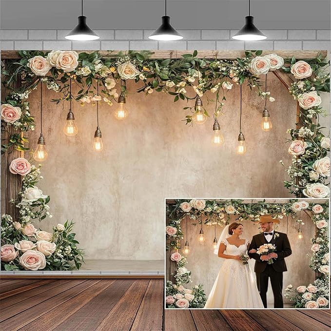 15x10ft Country Wedding Photography Backdrop Floral Rustic Roses Farmhouse Wooden Door Backdrop Pink Flower Birthday Baby Shower Wedding Bridal Party Banner Photo Booth Props Anniversary Background