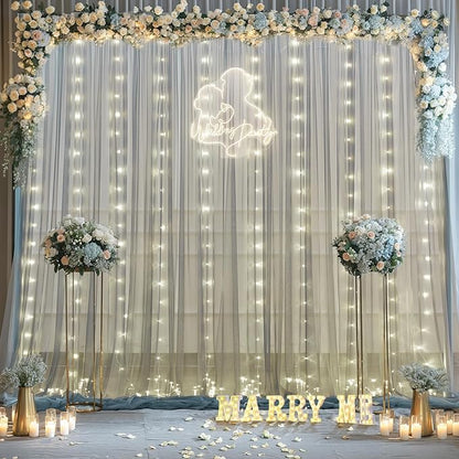 Silver Grey Tulle Backdrop Curtain with Lights String for Parites 10x10ft Sheer Backdrop Curtains for Birthday Party Bridal Shower Baby Shower Wedding Ceremony Prom Photo Booth Background Decorations