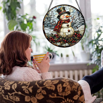 Stained Glass Window Hanging - Christmas Snowman Suncatcher for Door Terrace Garden Home Decor Winter Forest Snow Sun Catcher Birthday Gifts for Lovers Women Men Dad Mom Nana 9.8 in