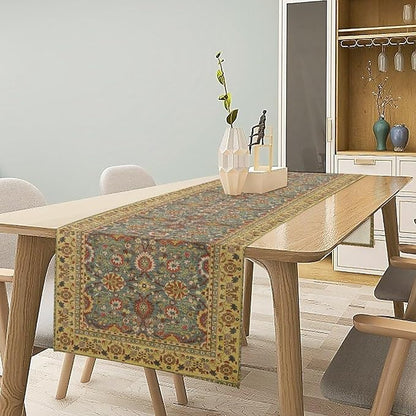 Boho Floral Vintage Beige Blue Table Runner, Retro Flower Rustic Country Farmhouse Abstract Pattern for Home Kitchen Table Decor Dining Coffee Room Party Decor 13x90in