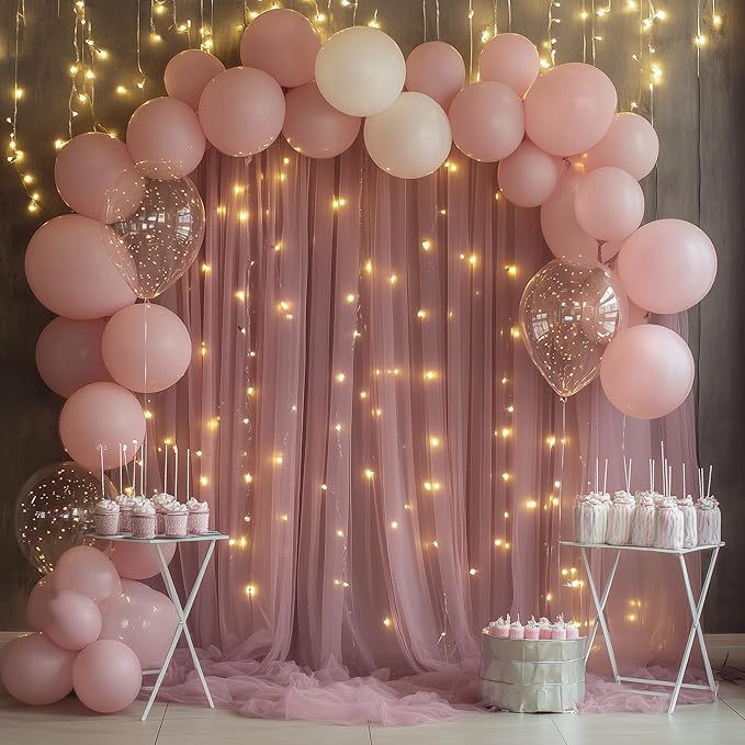 Tulle Backdrop Curtain with Lights String 10FT X 10FT Dusty Rose Sheer Tulle Backdrop Curtains for Wedding Birthday Party Reception Photo Booth Background Decorations (2 Panels 5x10FT)