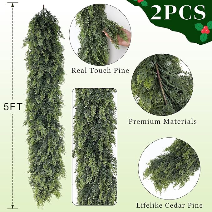 Christmas Cedar Garland - 5ft Artificial Cedar Garland Faux Lush Green Fake Pine Needles for Fireplace,Table,Window,Stairs,Mante,Holiday Indoor Outdoor Xmas Decor(2PCS)