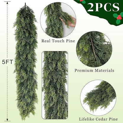 Christmas Cedar Garland - 5ft Artificial Cedar Garland Faux Lush Green Fake Pine Needles for Fireplace,Table,Window,Stairs,Mante,Holiday Indoor Outdoor Xmas Decor(2PCS)