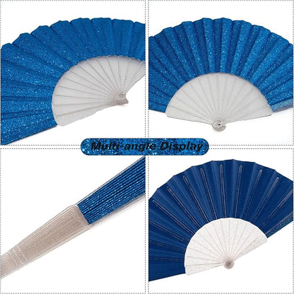 12 Pack Handheld Fan,Folding Hand Glitter fan with Shining Transparent Fan Rib – Ideal for Wedding, Church, Festival, Dance, Tea Party, Club, and EDM Accessories, Royal blue